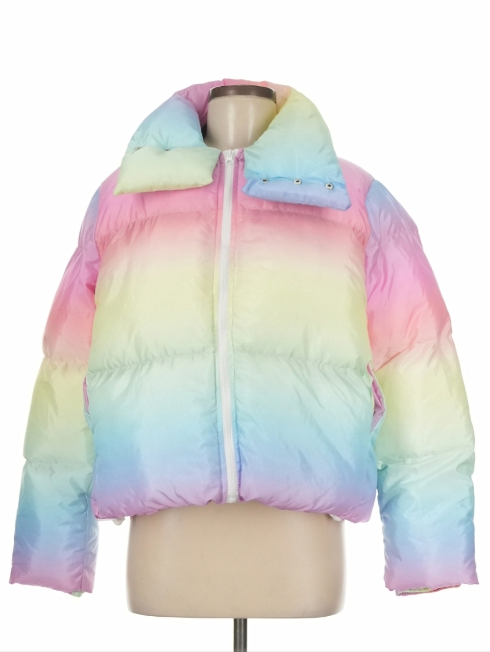 Perry Fast Fashion Rainbow Ombre Cropped Puffer Jacket Pastel Gradient, M